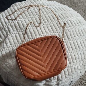 Quilted Chevron Crossbody Bag in Brown with Gold Chain